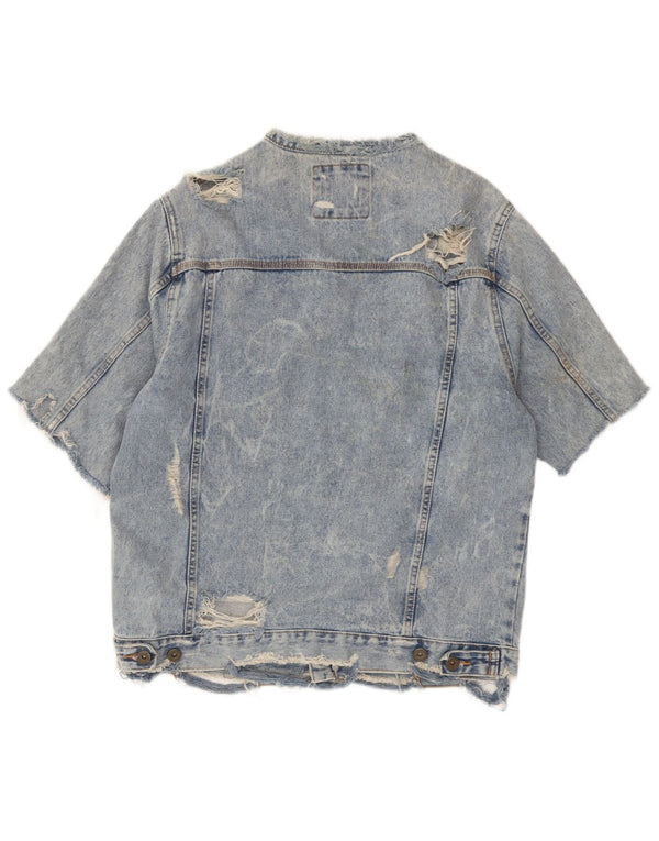 Zara Herren Distressed Short Sleeve Denim Jacke UK 42 XL Blaue Baumwolle