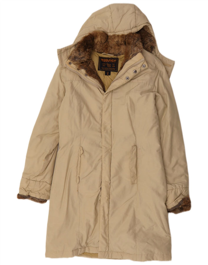 Woolrich Wattierter Damenmantel mit Kapuze, UK 12, mittelbeige Baumwolle