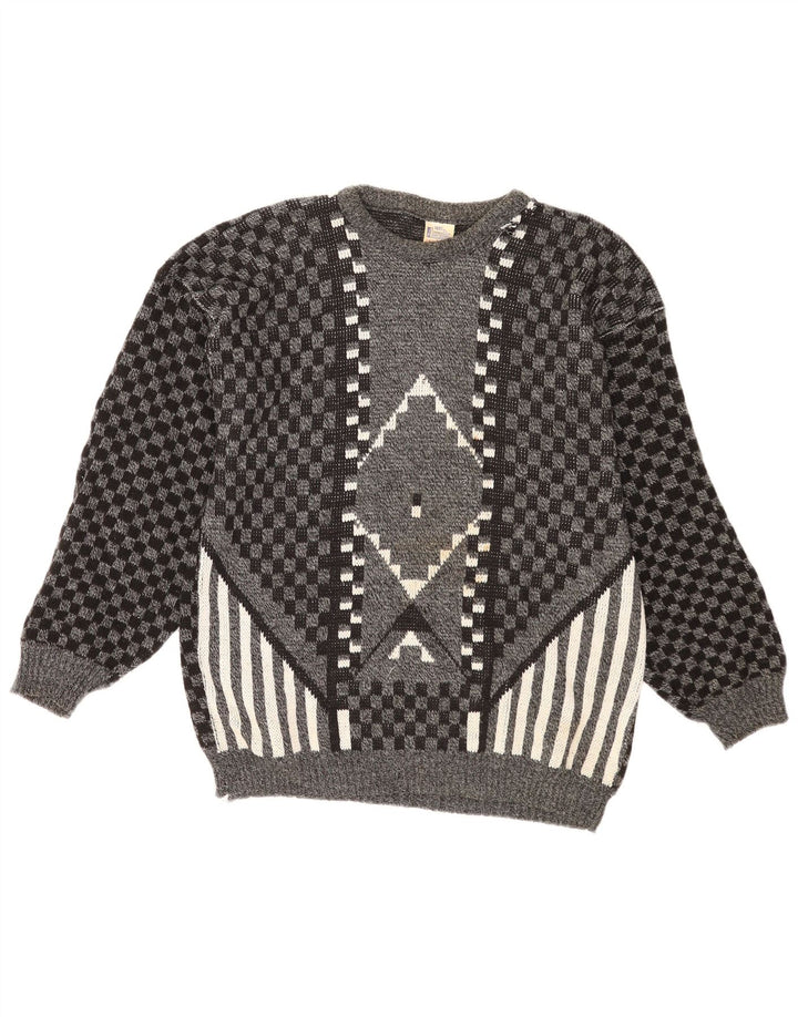 Vintage Herren-Pullover mit U-Boot-Ausschnitt, mittelgrau, geometrisches Acryl