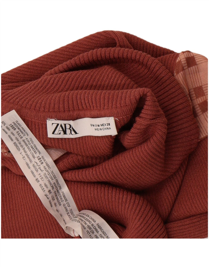 Zara Damen Crop Top Langarm UK 12 Mittelbraun Colourblock Nylon