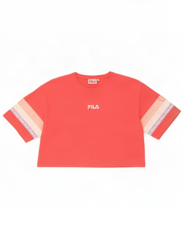Fila Damen Crop Graphic T-Shirt Top UK 16 Large Rot Farbblock
