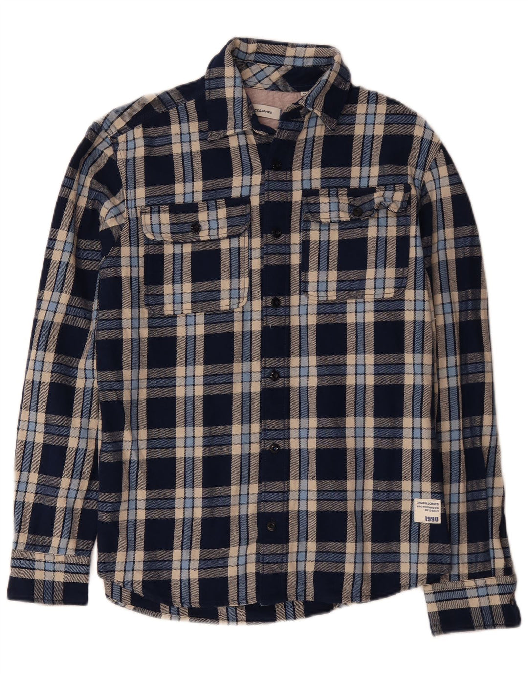 JACK & JONES Herren-Flanellhemd, mittelblau, kariert, Baumwolle