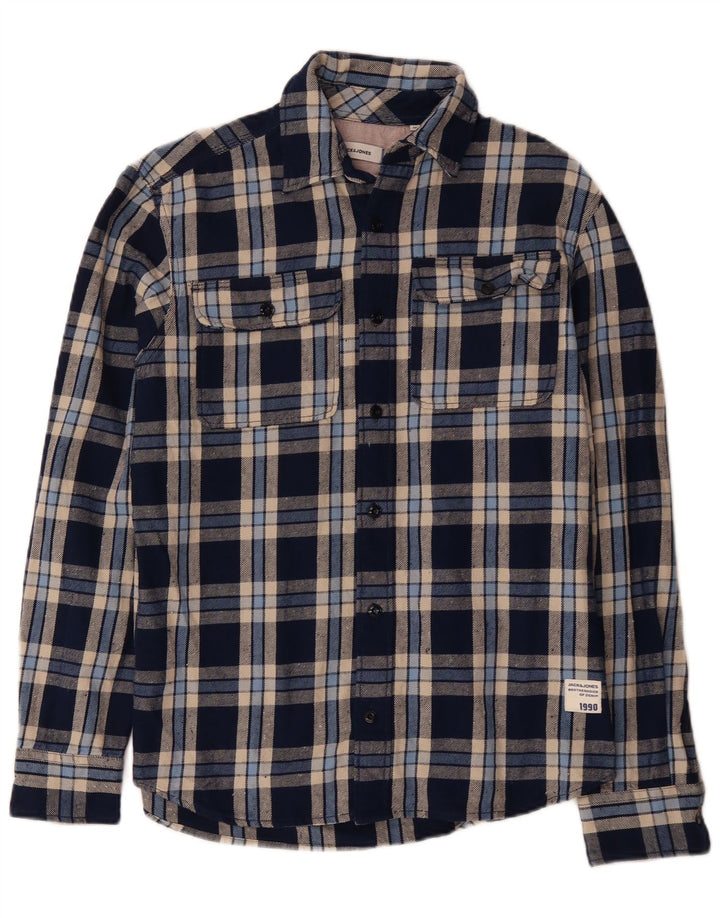 JACK & JONES Herren-Flanellhemd, mittelblau, kariert, Baumwolle