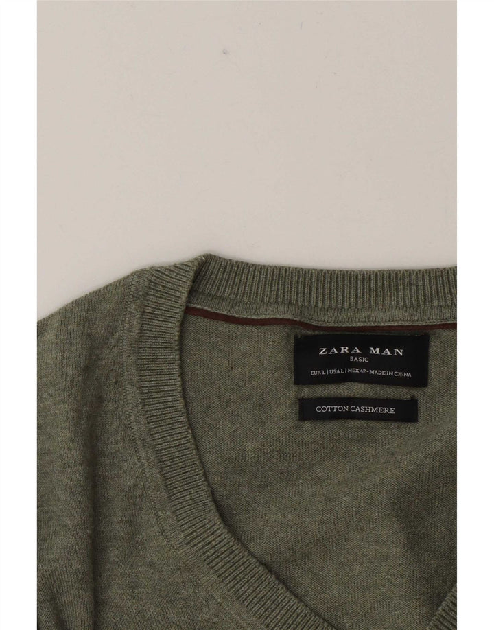 Zara Herren-Pullover mit V-Ausschnitt, Größe L, Grün