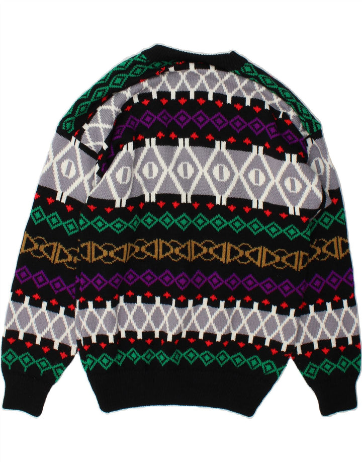 VINTAGE Mens Crew Neck Jumper Sweater Medium Black Fair Isle Vintage Vintage and Second-Hand Vintage from Messina Hembry 