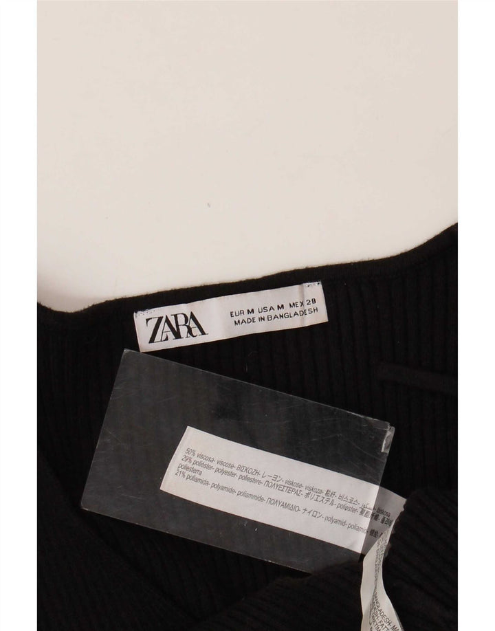 Zara Damen Langarm-Crop-Top UK 12 Mittelschwarze Viskose