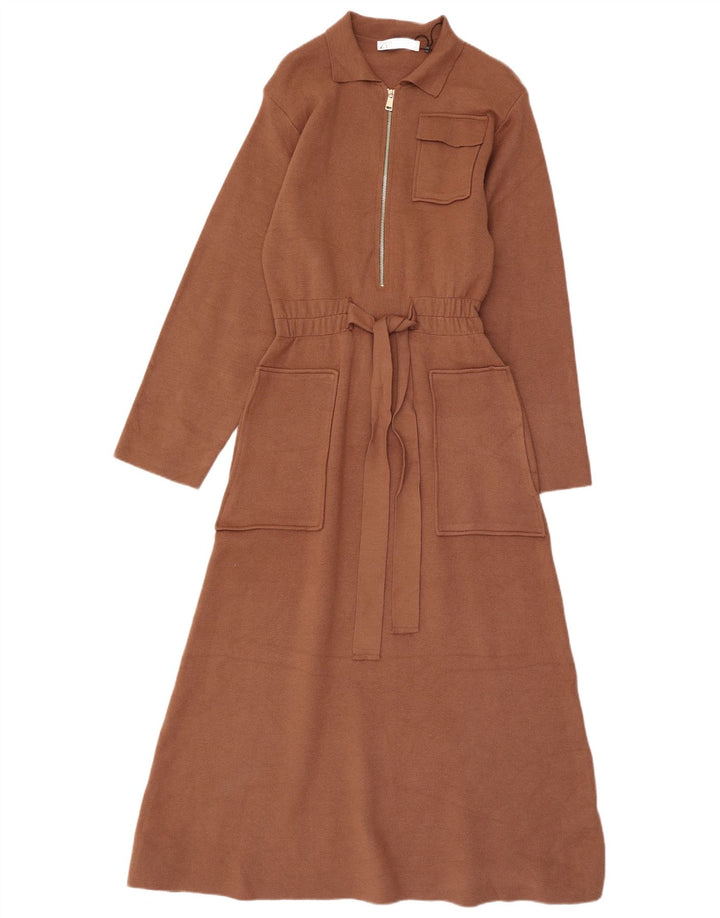 Zara Damen Langarm-Maxikleid UK 12 Mittelbraune Viskose
