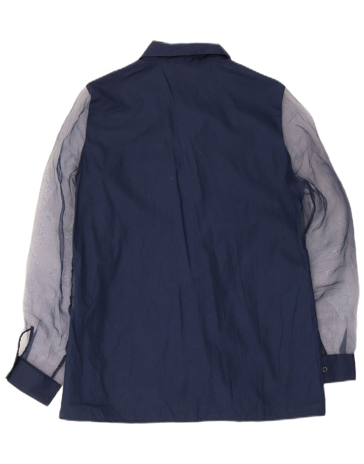 VINTAGE Damen-Hemd UK 14 Mittelmarineblaues Colourblock-Polyester