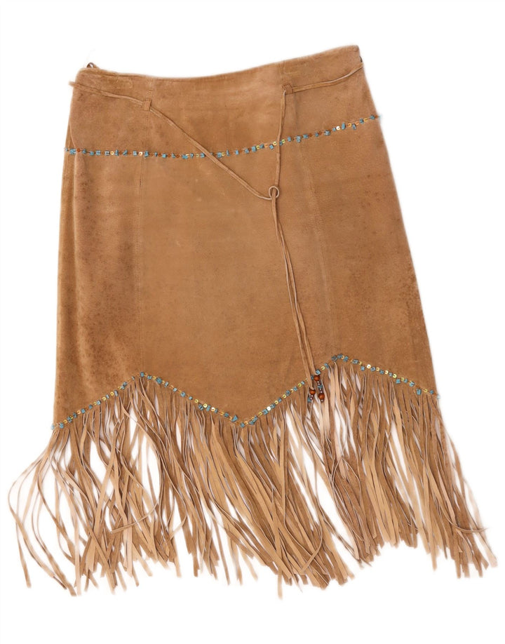 Asymmetrischer Wildlederrock für Damen von Rene' Derhy, Größe L, W32, beiges Leder