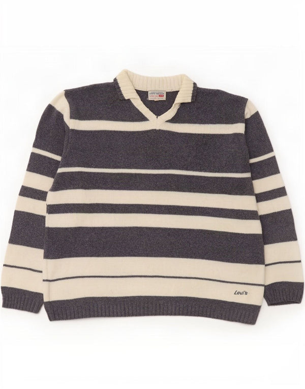 Levi's Mens Polo Neck Jumper Sweater Large Grey Striped Cotton