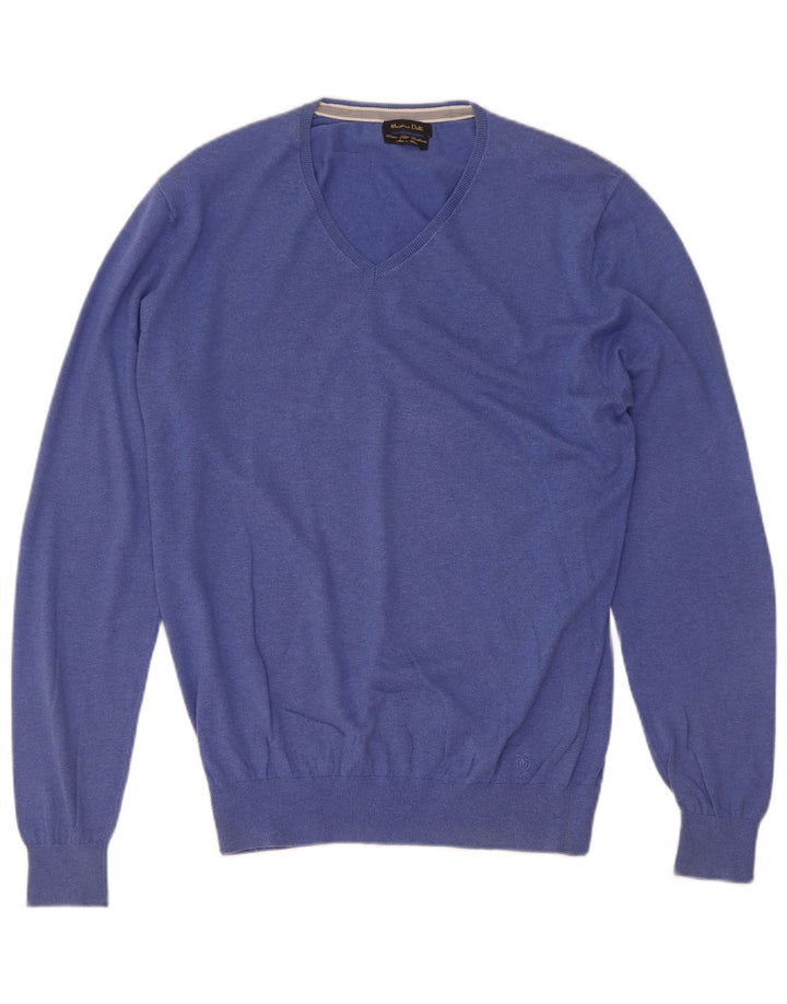 Massimo Dutti Herren-Pullover mit V-Ausschnitt aus mittelblauer Baumwolle