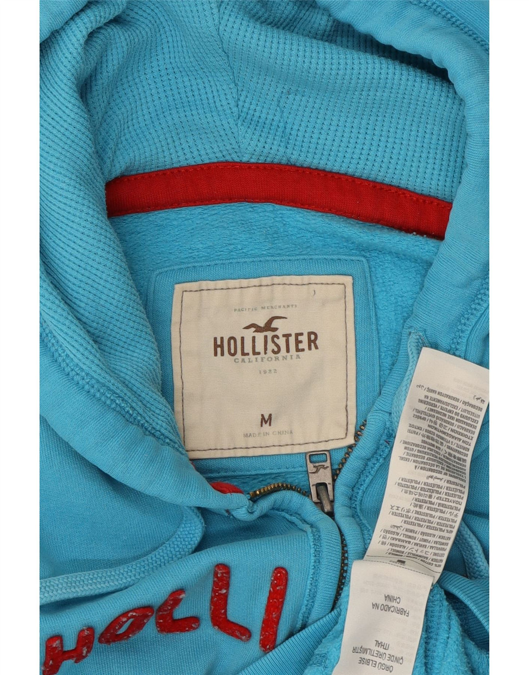 HOLLISTER Damen Graphic Zip Hoodie Pullover UK 14 Mittelblaue Baumwolle