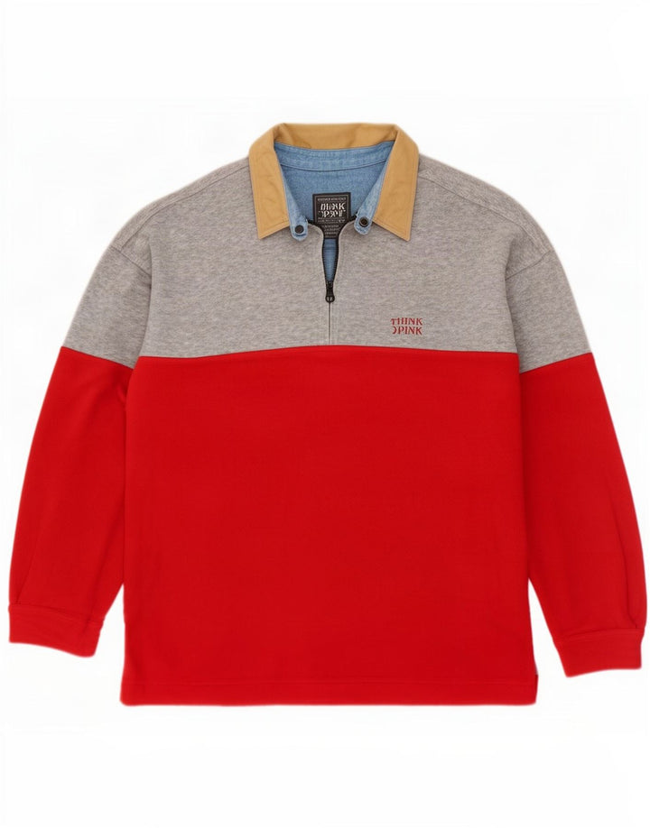 Think Pink Herren-Fleecepullover mit Rollkragen, XL, rotes Farbblock-Polyester