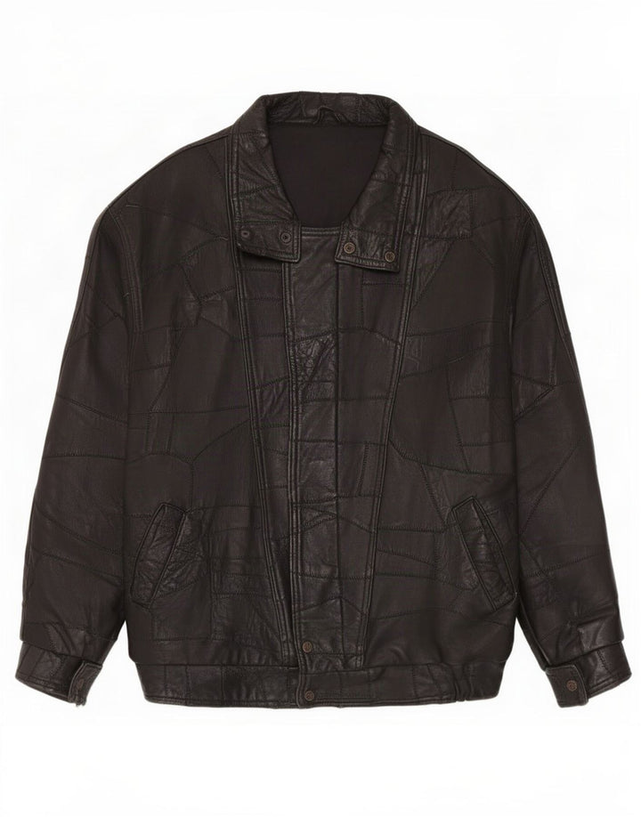 Vintage Herren Lederjacke mit Grafik, UK 40, großes schwarzes Patchwork