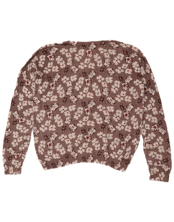 Fat Face Womens Crop Cardigan Sweater UK 14 Medium Brown Floral Cotton