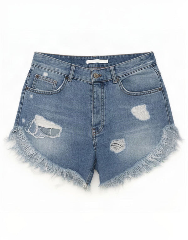 Zara Damen Trafaluc Distressed Denim Shorts EU 36 XS W26 Blau geblümt