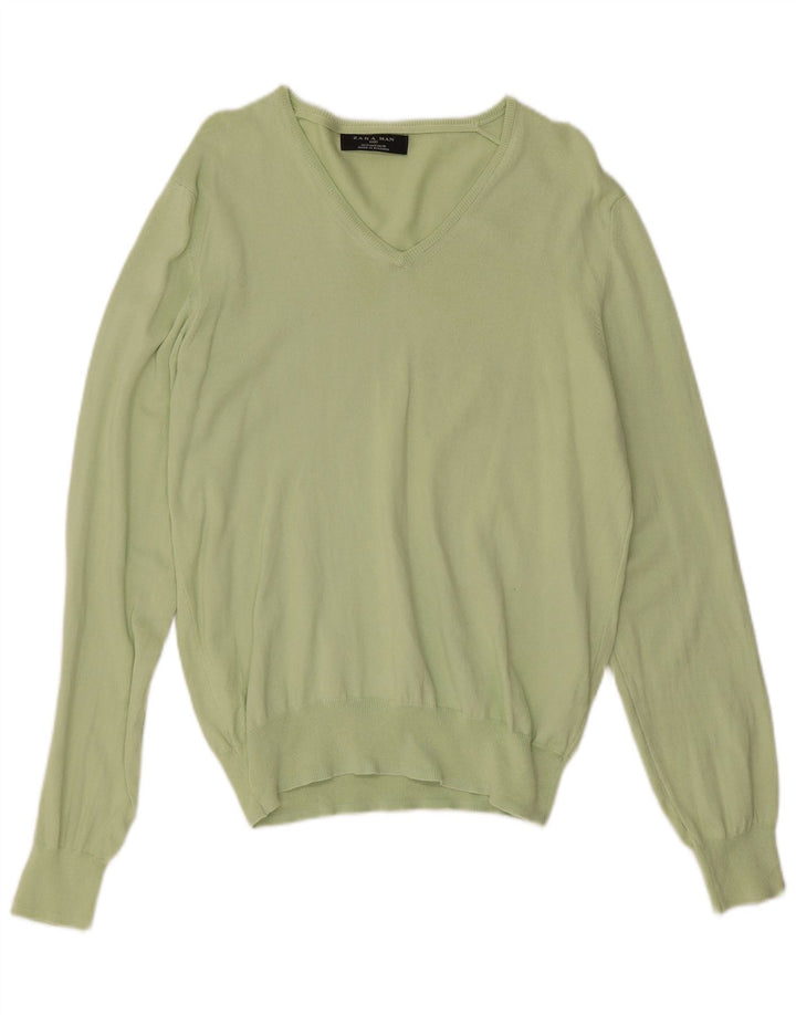 Zara Herren-Pullover mit V-Ausschnitt aus mittelgrüner Baumwolle
