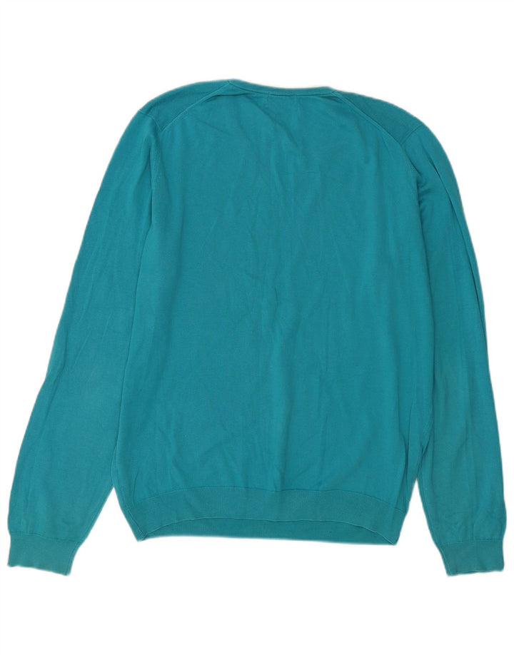 Massimo Dutti Herren-Pullover mit V-Ausschnitt, groß, aus blauer Baumwolle