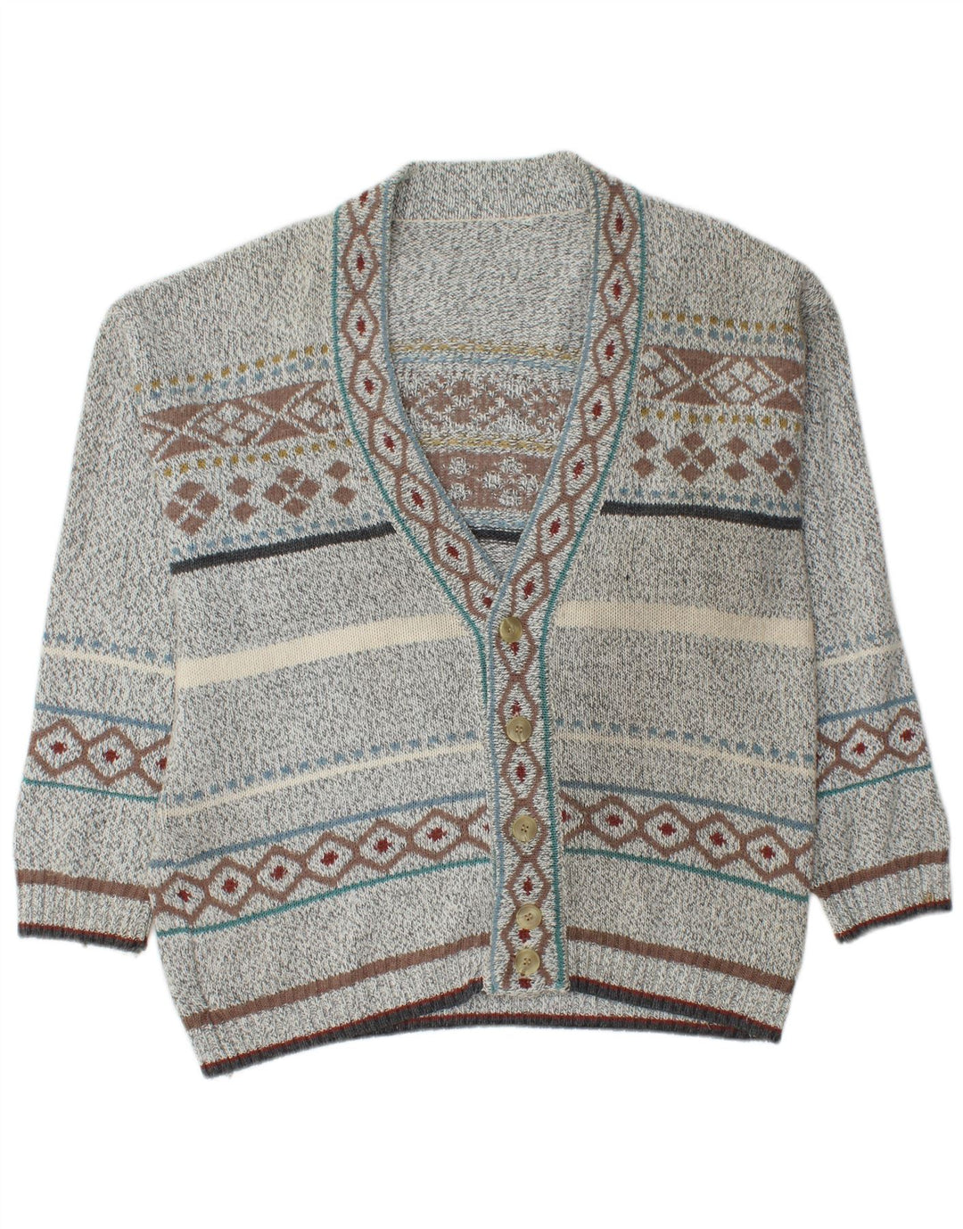 VINTAGE Herren-Cardigan-Pullover Mittelgrau Fair Isle