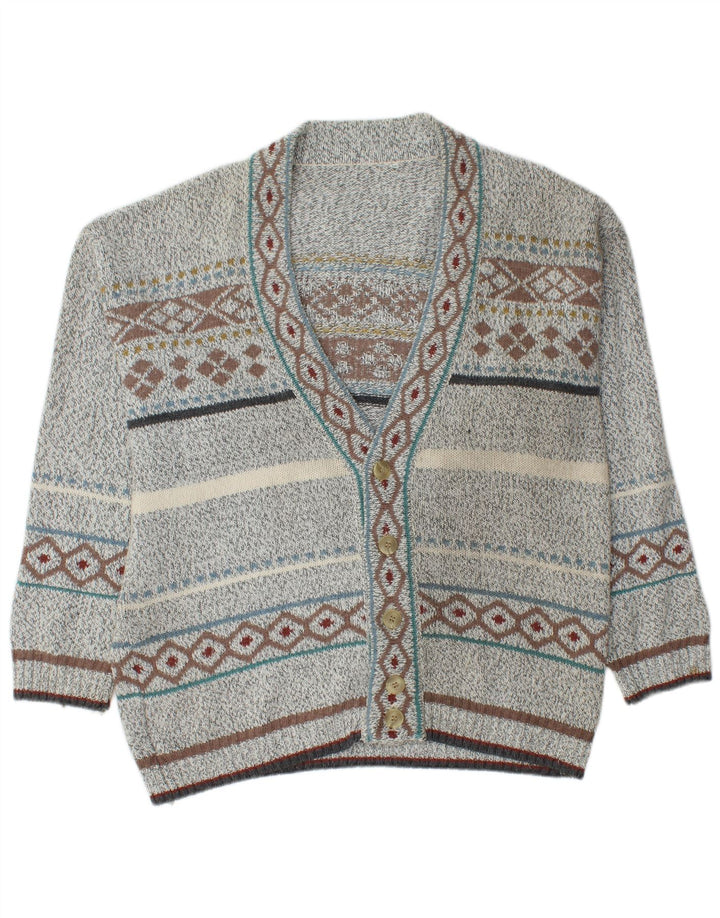 VINTAGE Herren-Cardigan-Pullover Mittelgrau Fair Isle