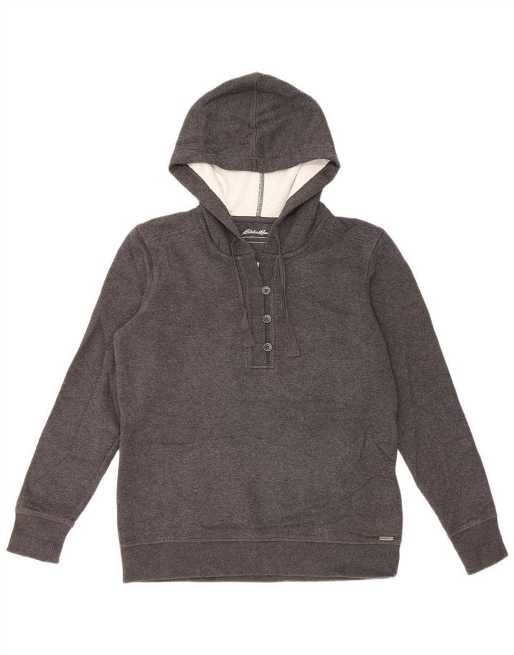 EDDIE BAUER Damen-Kapuzenpullover mit Knopfkragen, UK 14, mittelgraue Baumwolle