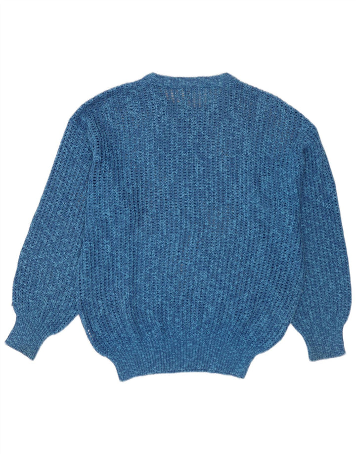 VINTAGE Herren-Pullover mit Rundhalsausschnitt, mittelblau gesprenkelte Baumwolle