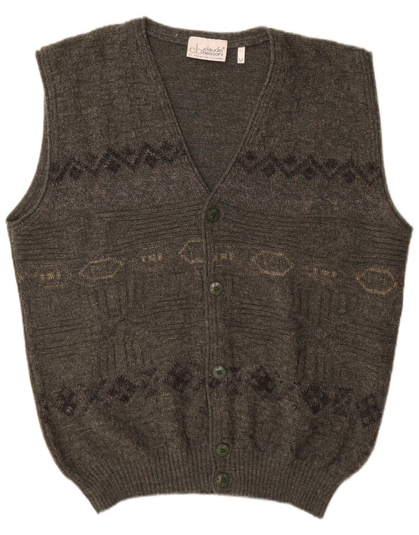 Vintage Herren Ärmelloser Cardigan Pullover Medium Khaki Geometrisch Acryl