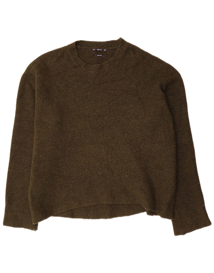 Zara Damen-Pullover, übergroß, Rundhalsausschnitt, Gr. 14, mittlere Khaki-Viskose