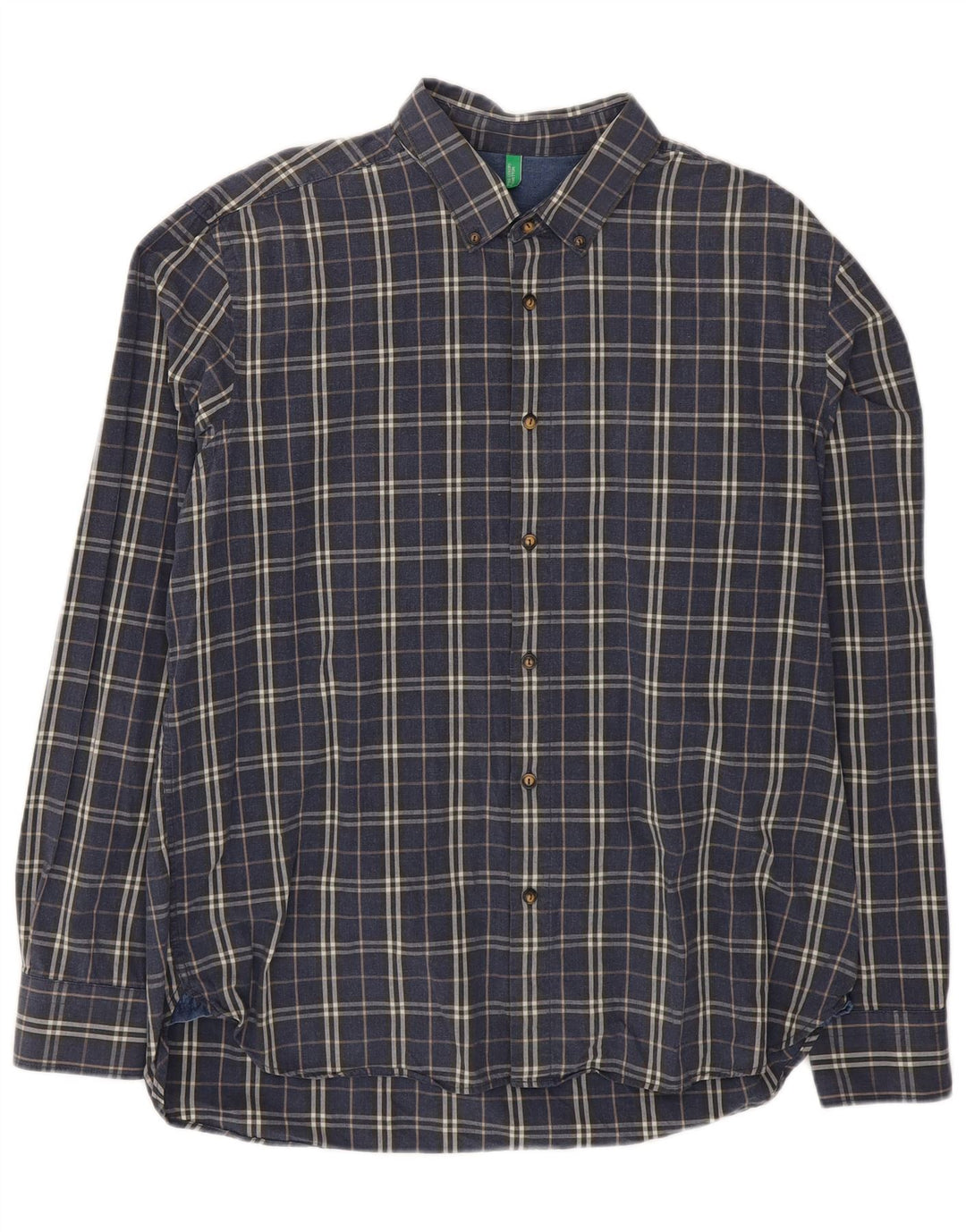 Benetton Herrenhemd 2XL Marineblau kariert Baumwolle