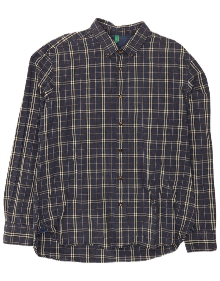 Benetton Herrenhemd 2XL Marineblau kariert Baumwolle