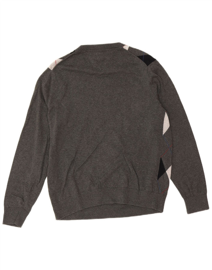Tommy Hilfiger Herren-Pullover mit V-Ausschnitt, mittelgraue Argyle-/Diamant-Baumwolle