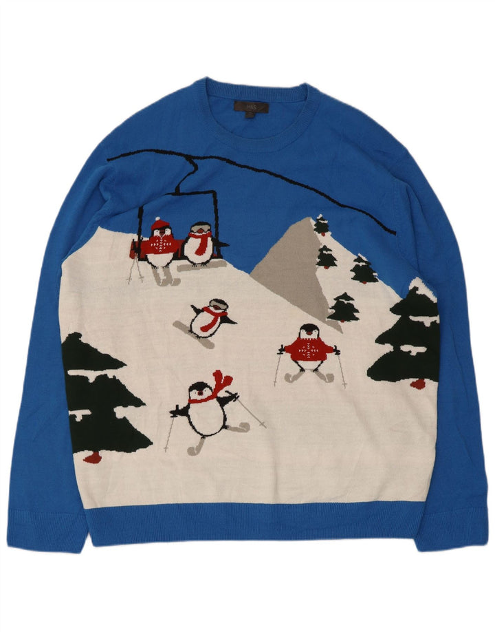 Marks & Spencer Herren-Pullover mit grafischem Rundhalsausschnitt, 2XL, Blau, Farbblock