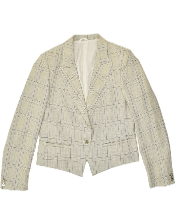 VINTAGE Damen 1-Knopf-Blazerjacke UK 12 Mittelgrau karierte Schurwolle
