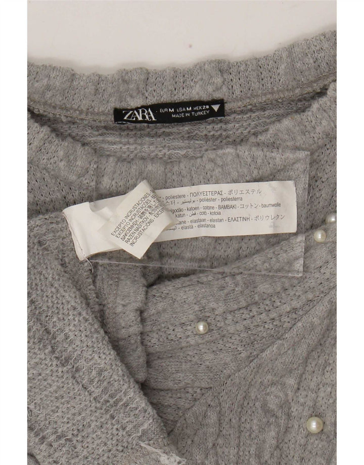 Zara Damen-Strickblusenoberteil UK 12 Mittelgrau meliertes Polyester