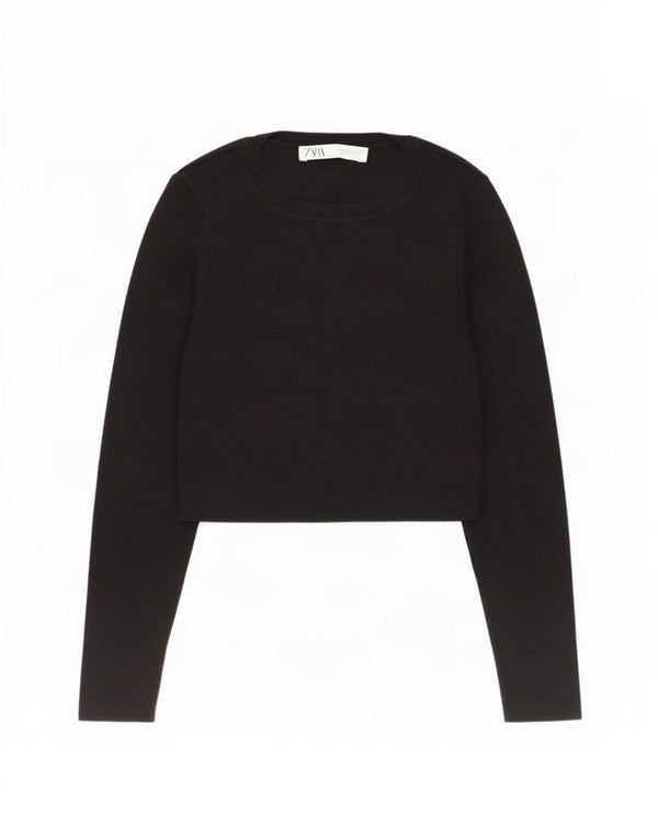 Zara Damen Crop-Pullover mit U-Boot-Ausschnitt, Gr. 12, Mittelschwarz