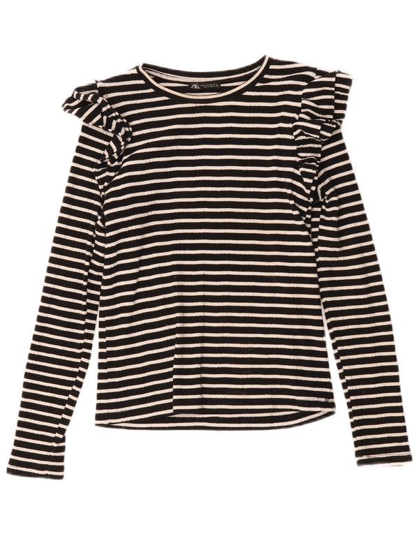 Zara Damen Top Langarm UK 12 Medium Schwarz gestreift