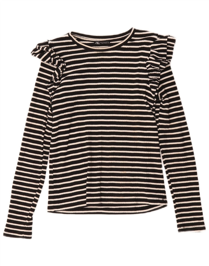 Zara Damen Top Langarm UK 12 Medium Schwarz gestreift