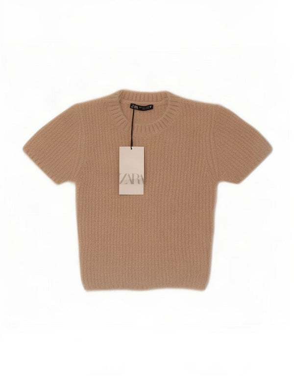 Zara Damen Crop Short Sleeve Crew Neck Pullover Pullover UK 8 Small Beige