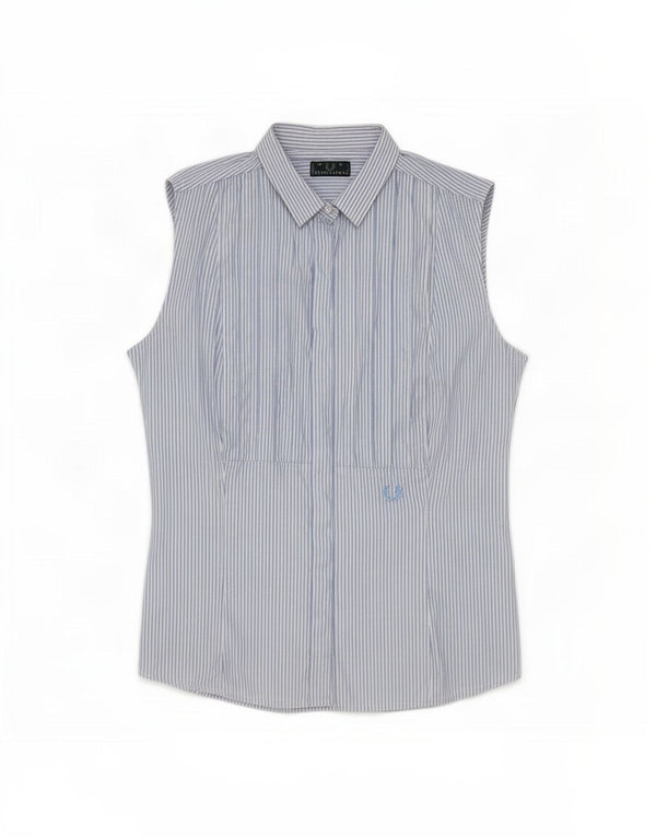 Fred Perry Damen ärmelloses Hemd UK 14 Große blau gestreifte Baumwolle