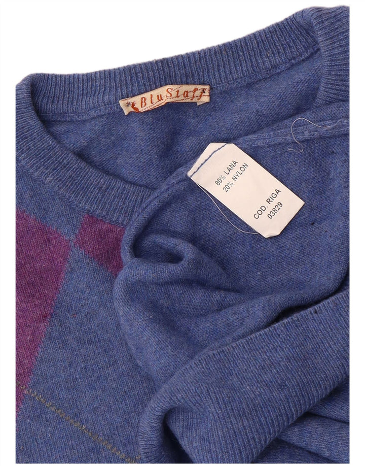 Vintage Herren-Pullover mit Rundhalsausschnitt, groß, blaue Argyle-/Diamant-Wolle