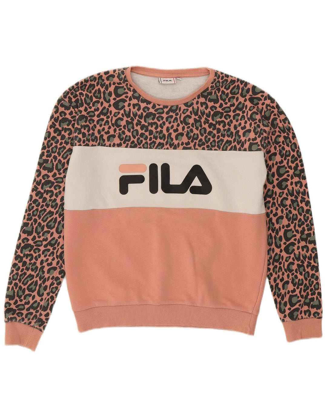Fila Damen Grafik-Sweatshirt-Pullover UK 14 Mittelrosa Baumwolle mit Animal-Print