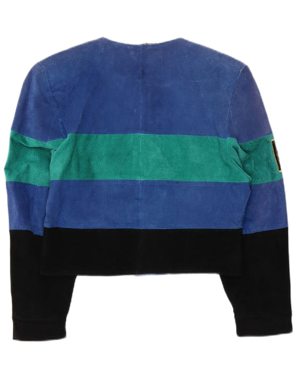 C & A Damen Crop Graphic Wildlederjacke UK 12 Mittelblauer Farbblock