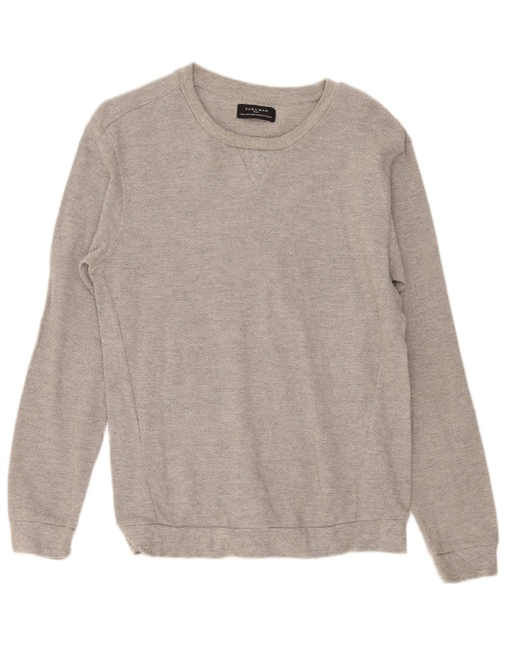 Zara Herren-Pullover mit U-Boot-Ausschnitt, mittelgraue Baumwolle