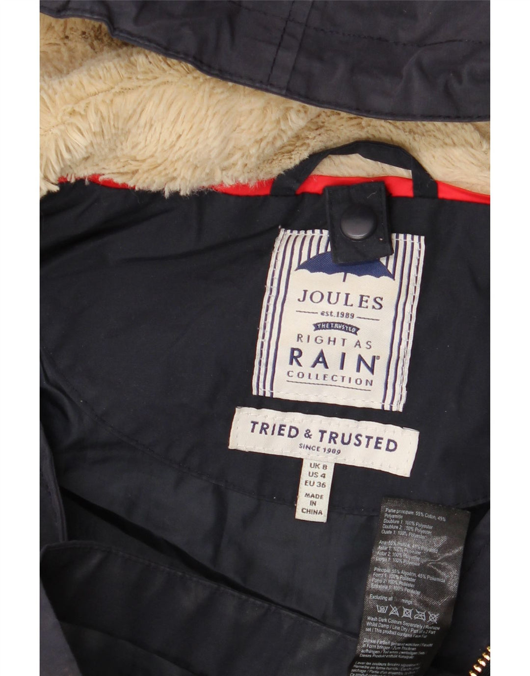 Joules Damen-Regenjacke mit Kapuze, übergroß, Größe S, Marineblau, Baumwolle