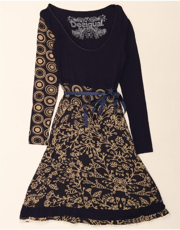 DESIGUAL Grafisches A-Linien-Kleid für Damen, UK 12, Mittel, Marineblau, Blumenmuster