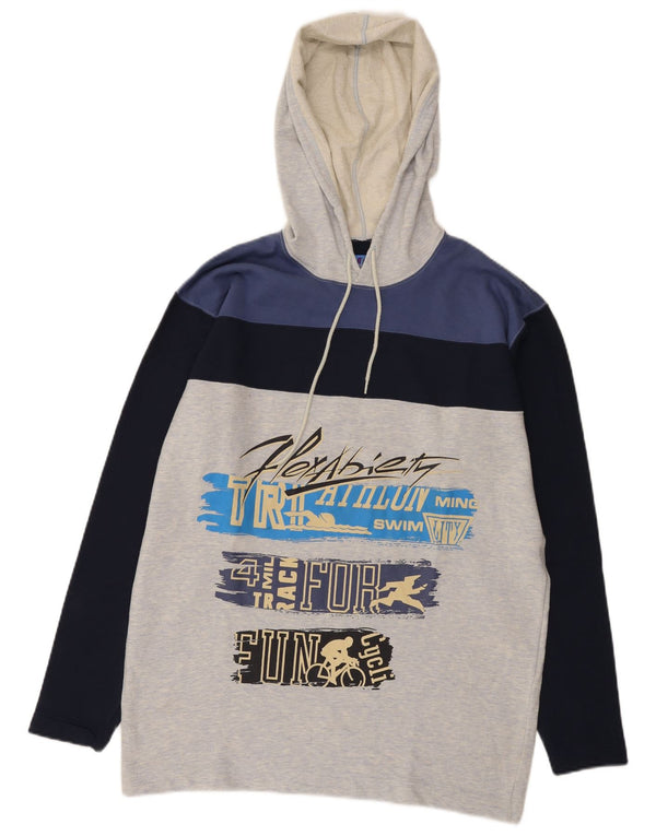 Vintage Mens Graphic Hoodie Jumper Large Grey Colourblock Cotton