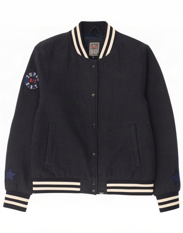 Superdry Damen Varsity Jacke UK 16 Large Marineblaue Wolle