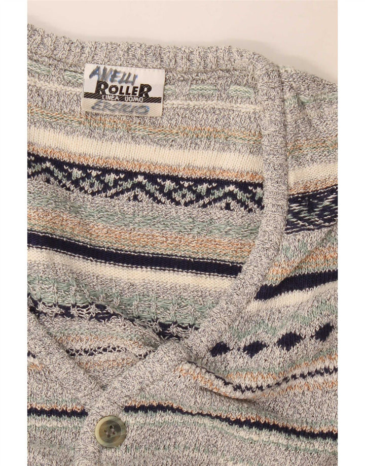 Vintage Herren Ärmelloser Cardigan Pullover Mittelgrau gestreiftes Leinen