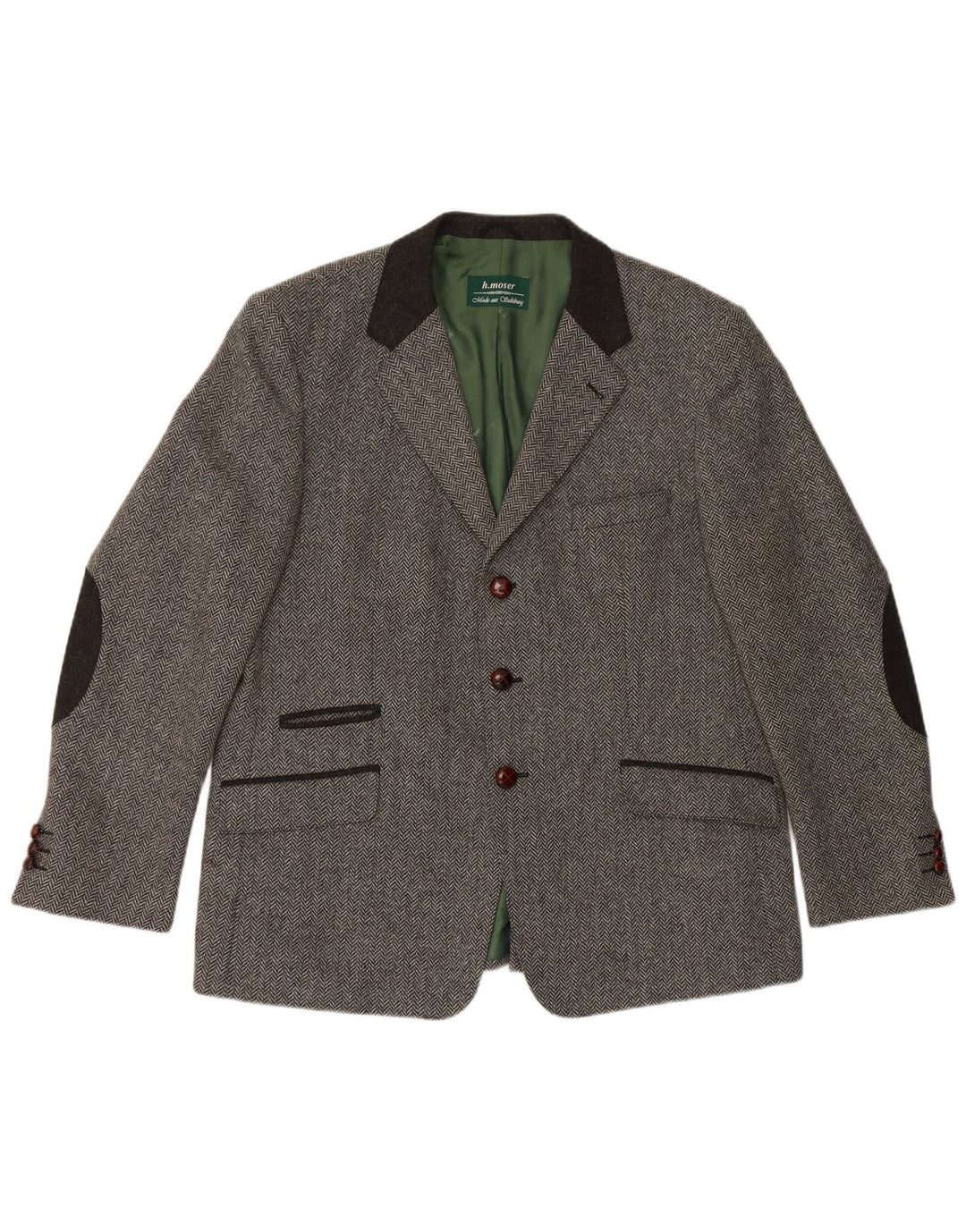 H.MOSER Herren-Blazerjacke mit 3 Knöpfen, EU 54, 2XL, graue Wolle mit Fischgrätenmuster
