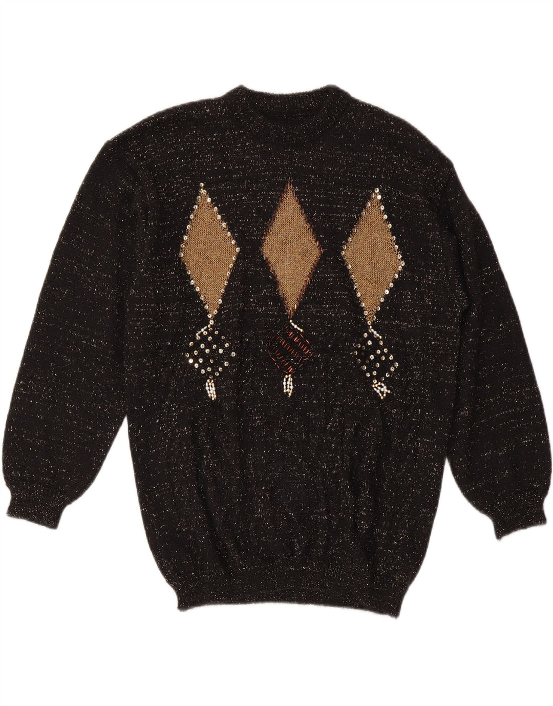 VINTAGE Damen-Pullover mit Rundhalsausschnitt, UK 14, Mittelschwarz, Argyle/Diamant